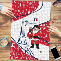 France Christmas Puzzle with Santa Wine Glass Eiffel Tower and Holiday Icons Design - Wonder Print Shop