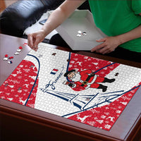 France Christmas Puzzle with Santa Wine Glass Eiffel Tower and Holiday Icons Design - Wonder Print Shop