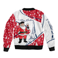 France Christmas Sleeve Zip Bomber Jacket with Santa Wine Glass Eiffel Tower and Holiday Icons Design - Wonder Print Shop