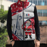 France Christmas Sleeveless Puffer Jacket with Santa Wine Glass Eiffel Tower and Holiday Icons Design - Wonder Print Shop
