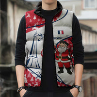 France Christmas Sleeveless Puffer Jacket with Santa Wine Glass Eiffel Tower and Holiday Icons Design - Wonder Print Shop