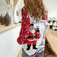 France Christmas Women Casual Shirt with Santa Wine Glass Eiffel Tower and Holiday Icons Design - Wonder Print Shop