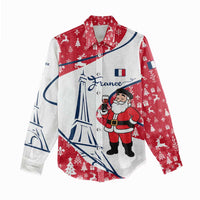 France Christmas Women Casual Shirt with Santa Wine Glass Eiffel Tower and Holiday Icons Design - Wonder Print Shop