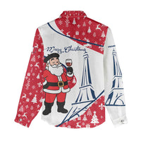 France Christmas Women Casual Shirt with Santa Wine Glass Eiffel Tower and Holiday Icons Design - Wonder Print Shop