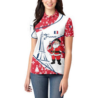 France Christmas Women Polo Shirt with Santa Wine Glass Eiffel Tower and Holiday Icons Design - Wonder Print Shop