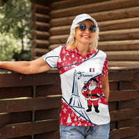 France Christmas Women Polo Shirt with Santa Wine Glass Eiffel Tower and Holiday Icons Design - Wonder Print Shop