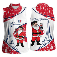 France Christmas Women Sleeveless Polo Shirt with Santa Wine Glass Eiffel Tower and Holiday Icons Design - Wonder Print Shop