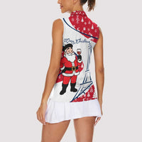 France Christmas Women Sleeveless Polo Shirt with Santa Wine Glass Eiffel Tower and Holiday Icons Design - Wonder Print Shop