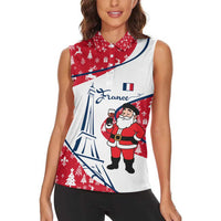France Christmas Women Sleeveless Polo Shirt with Santa Wine Glass Eiffel Tower and Holiday Icons Design - Wonder Print Shop