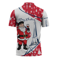 France Christmas Zipper Polo Shirt with Santa Wine Glass Eiffel Tower and Holiday Icons Design - Wonder Print Shop