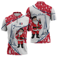 France Christmas Zipper Polo Shirt with Santa Wine Glass Eiffel Tower and Holiday Icons Design - Wonder Print Shop