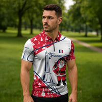 France Christmas Zipper Polo Shirt with Santa Wine Glass Eiffel Tower and Holiday Icons Design - Wonder Print Shop