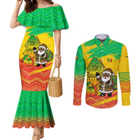 Congo Christmas Couples Matching Mermaid Dress and Long Sleeve Button Shirt with African Santa Tribal Tree and Colorful Gift Design - Wonder Print Shop