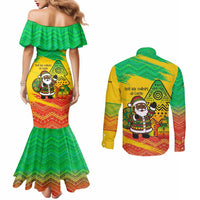 Congo Christmas Couples Matching Mermaid Dress and Long Sleeve Button Shirt with African Santa Tribal Tree and Colorful Gift Design - Wonder Print Shop