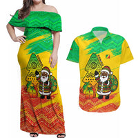 Congo Christmas Couples Matching Off Shoulder Maxi Dress and Hawaiian Shirt with African Santa Tribal Tree and Colorful Gift Design - Wonder Print Shop