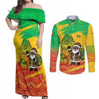 Congo Christmas Couples Matching Off Shoulder Maxi Dress and Long Sleeve Button Shirt with African Santa Tribal Tree and Colorful Gift Design - Wonder Print Shop