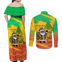 Congo Christmas Couples Matching Off Shoulder Maxi Dress and Long Sleeve Button Shirt with African Santa Tribal Tree and Colorful Gift Design - Wonder Print Shop