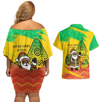 Congo Christmas Couples Matching Off Shoulder Short Dress and Hawaiian Shirt with African Santa Tribal Tree and Colorful Gift Design - Wonder Print Shop