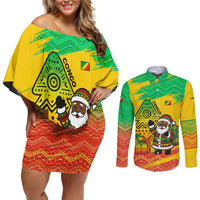 Congo Christmas Couples Matching Off Shoulder Short Dress and Long Sleeve Button Shirt with African Santa Tribal Tree and Colorful Gift Design - Wonder Print Shop