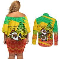 Congo Christmas Couples Matching Off Shoulder Short Dress and Long Sleeve Button Shirt with African Santa Tribal Tree and Colorful Gift Design - Wonder Print Shop