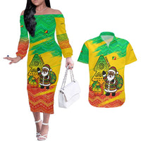 Congo Christmas Couples Matching Off The Shoulder Long Sleeve Dress and Hawaiian Shirt with African Santa Tribal Tree and Colorful Gift Design - Wonder Print Shop