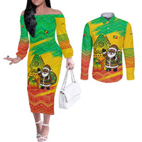 Congo Christmas Couples Matching Off The Shoulder Long Sleeve Dress and Long Sleeve Button Shirt with African Santa Tribal Tree and Colorful Gift Design - Wonder Print Shop