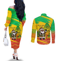 Congo Christmas Couples Matching Off The Shoulder Long Sleeve Dress and Long Sleeve Button Shirt with African Santa Tribal Tree and Colorful Gift Design - Wonder Print Shop