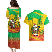 Congo Christmas Couples Matching Puletasi and Hawaiian Shirt with African Santa Tribal Tree and Colorful Gift Design - Wonder Print Shop