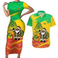 Congo Christmas Couples Matching Short Sleeve Bodycon Dress and Hawaiian Shirt with African Santa Tribal Tree and Colorful Gift Design - Wonder Print Shop