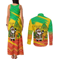 Congo Christmas Couples Matching Tank Maxi Dress and Long Sleeve Button Shirt with African Santa Tribal Tree and Colorful Gift Design - Wonder Print Shop