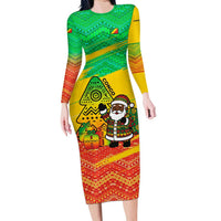 Congo Christmas Long Sleeve Bodycon Dress with African Santa Tribal Tree and Colorful Gift Design - Wonder Print Shop