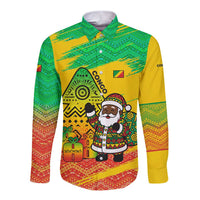 Congo Christmas Long Sleeve Button Shirt with African Santa Tribal Tree and Colorful Gift Design - Wonder Print Shop