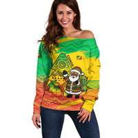 Congo Christmas Off Shoulder Sweater with African Santa Tribal Tree and Colorful Gift Design - Wonder Print Shop