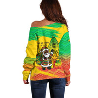 Congo Christmas Off Shoulder Sweater with African Santa Tribal Tree and Colorful Gift Design - Wonder Print Shop