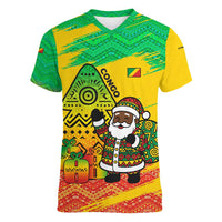 Congo Christmas Women V-Neck T-Shirt with African Santa Tribal Tree and Colorful Gift Design - Wonder Print Shop