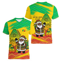 Congo Christmas Women V-Neck T-Shirt with African Santa Tribal Tree and Colorful Gift Design - Wonder Print Shop
