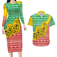 Congo Christmas Couples Matching Long Sleeve Bodycon Dress and Hawaiian Shirt with Tribal Tree Design Coat of Arms and Animal Pattern - Wonder Print Shop