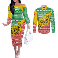 Congo Christmas Couples Matching Off The Shoulder Long Sleeve Dress and Long Sleeve Button Shirt with Tribal Tree Design Coat of Arms and Animal Pattern - Wonder Print Shop