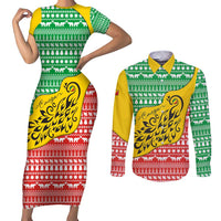 Congo Christmas Couples Matching Short Sleeve Bodycon Dress and Long Sleeve Button Shirt with Tribal Tree Design Coat of Arms and Animal Pattern - Wonder Print Shop