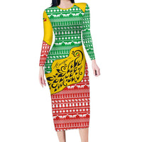 Congo Christmas Long Sleeve Bodycon Dress with Tribal Tree Design Coat of Arms and Animal Pattern - Wonder Print Shop
