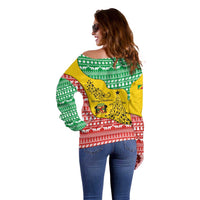 Congo Christmas Off Shoulder Sweater with Tribal Tree Design Coat of Arms and Animal Pattern - Wonder Print Shop