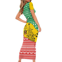 Congo Christmas Short Sleeve Bodycon Dress with Tribal Tree Design Coat of Arms and Animal Pattern - Wonder Print Shop