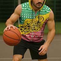 Congo Christmas Sleeveless Zip Hoodie with Tribal Tree Design Coat of Arms and Animal Pattern - Wonder Print Shop
