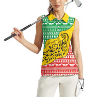 Congo Christmas Women Sleeveless Polo Shirt with Tribal Tree Design Coat of Arms and Animal Pattern - Wonder Print Shop