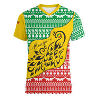 Congo Christmas Women V-Neck T-Shirt with Tribal Tree Design Coat of Arms and Animal Pattern - Wonder Print Shop