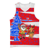 Puerto Rico Christmas Basketball Jersey with Dancing Santa Reindeer Blue Tree and Festive Flag Design - Wonder Print Shop