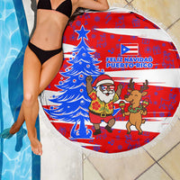 Puerto Rico Christmas Beach Blanket with Dancing Santa Reindeer Blue Tree and Festive Flag Design - Wonder Print Shop