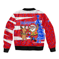 Puerto Rico Christmas Bomber Jacket with Dancing Santa Reindeer Blue Tree and Festive Flag Design - Wonder Print Shop
