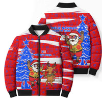 Puerto Rico Christmas Bomber Puffer Jacket with Dancing Santa Reindeer Blue Tree and Festive Flag Design - Wonder Print Shop