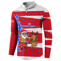 Puerto Rico Christmas Button Sweatshirt with Dancing Santa Reindeer Blue Tree and Festive Flag Design - Wonder Print Shop